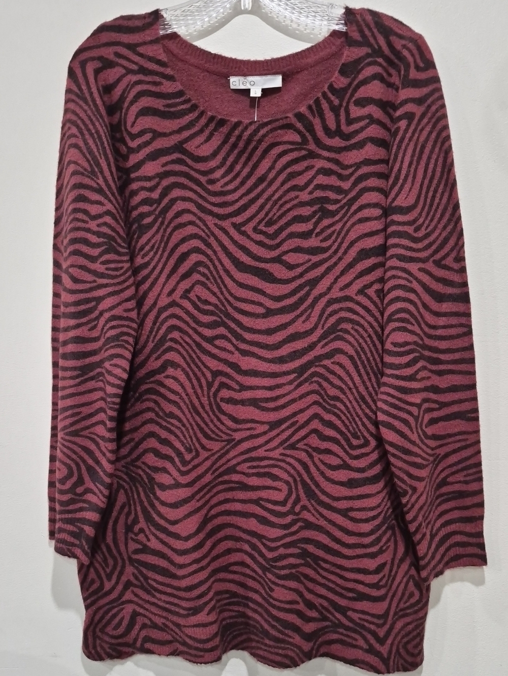 Cleo Dark Burgundy Black Zebra Animal Print Tunic Sweater Large NWT